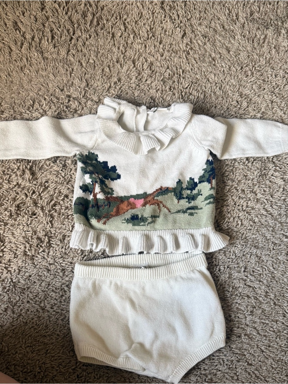 Janie & Jack Cream Knit Baby Set with Scenic Horse Motif